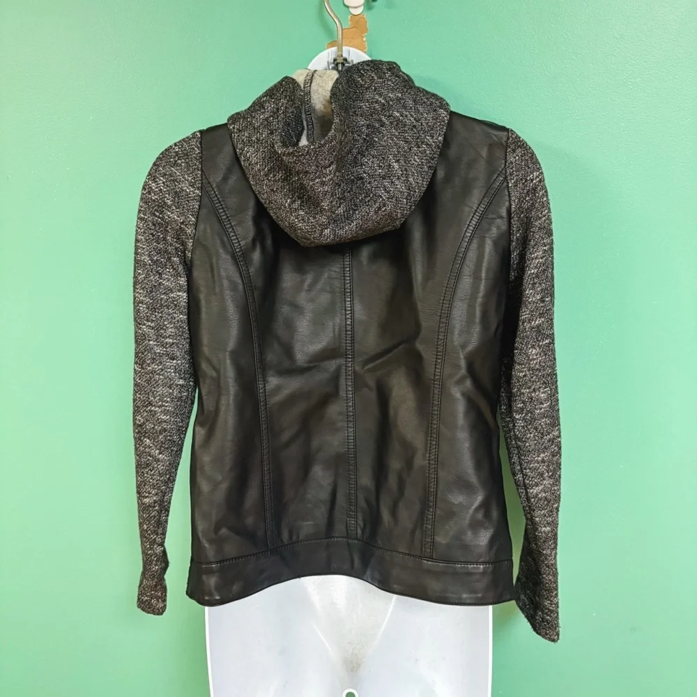 SO Black & Gray Faux-Leather Hooded Zip Up Moto Jacket Girls 10/12